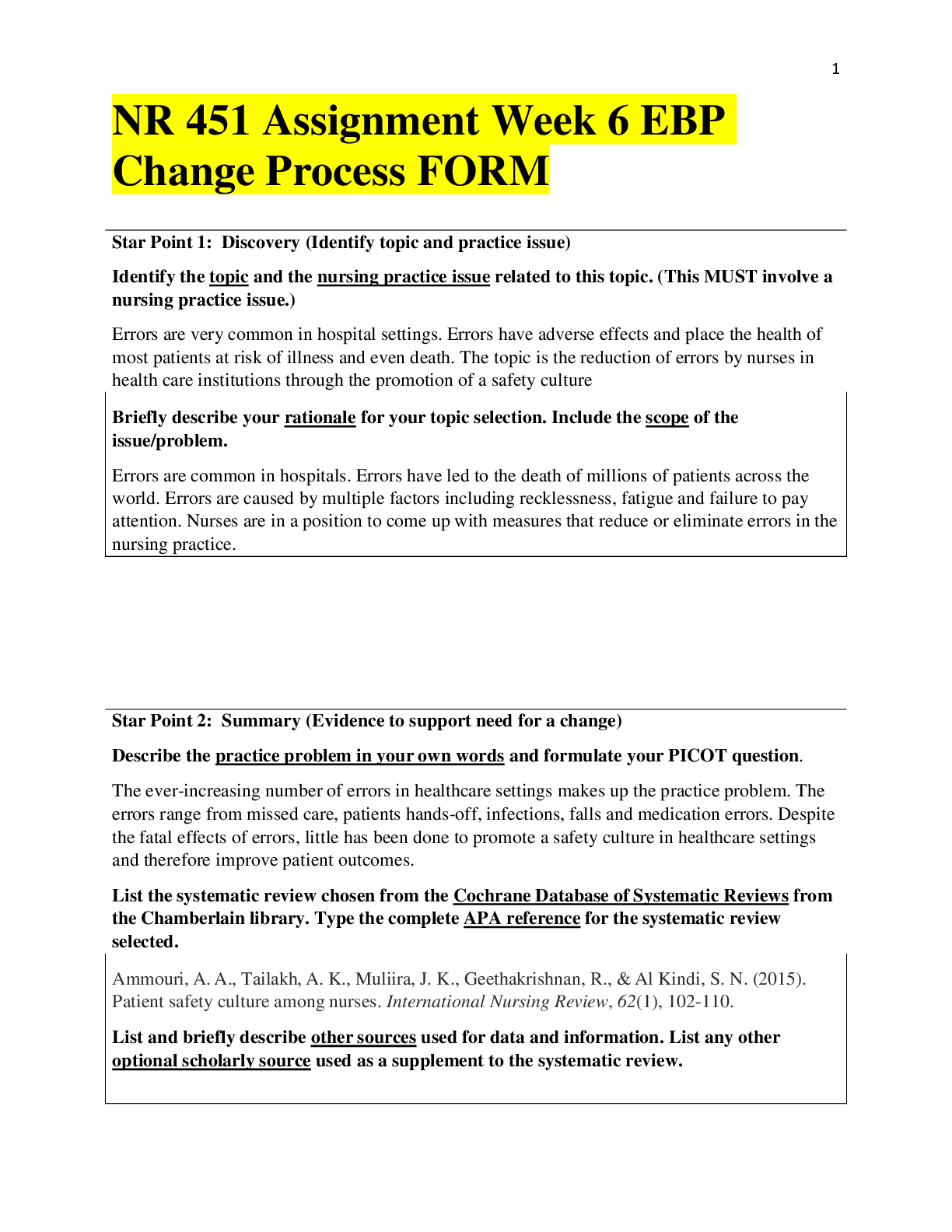 Preview of NR 451 Assignment Week 6 EBP Change Process FORM